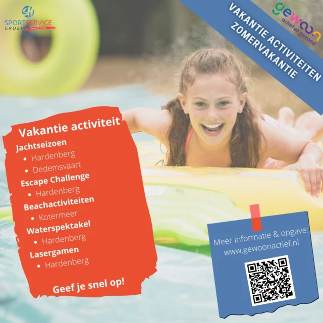 ☀ ℤ𝕆𝕄𝔼ℝ𝕍𝔸𝕂𝔸ℕ𝕋𝕀𝔼 ☀

𝗔𝗰𝘁𝗶𝘃𝗶𝘁𝗲𝗶𝘁𝗲𝗻 🤩

In de zomervakantie staan er verschillende activiteiten in de planning! 
😎 Lasergamen
😎 Jachtseizoen
😎 Waterspektakel
😎 Beachspelen
😎 Escape Challenge

Zie wij jou ook bij één of meer activiteiten? 

Opgeven kan via de website van @gewoonactiefengezond via link in bio 🔗

#Vakantie #Zomervakantie #Activiteiten #GemeenteHardenberg #DoeMee #GeefJeOp #Lasergamen #Jachtseizoen #Waterspektakel #Beachspelen #EscapeChallenge